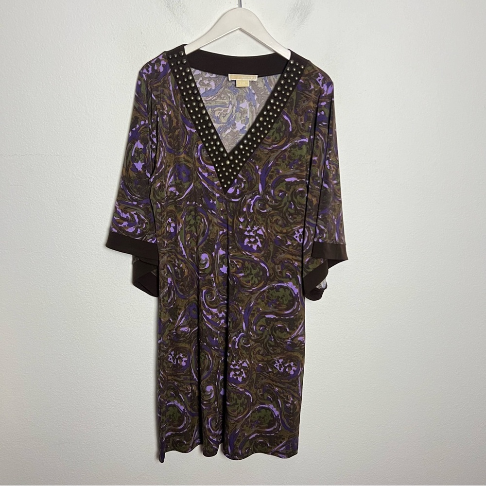 Michael Michael Kors Embellished Bell Sleeve Tunic Mini Dress Brown Paisley L - Picture 1 of 7